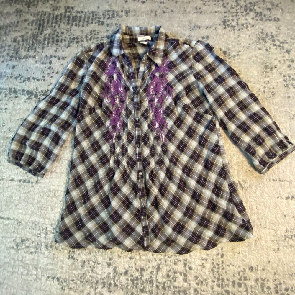 Zoe D Womens M Brown Purple Plaid Embroidered Pintuck 3/4 Sleeve Button Up Shirt